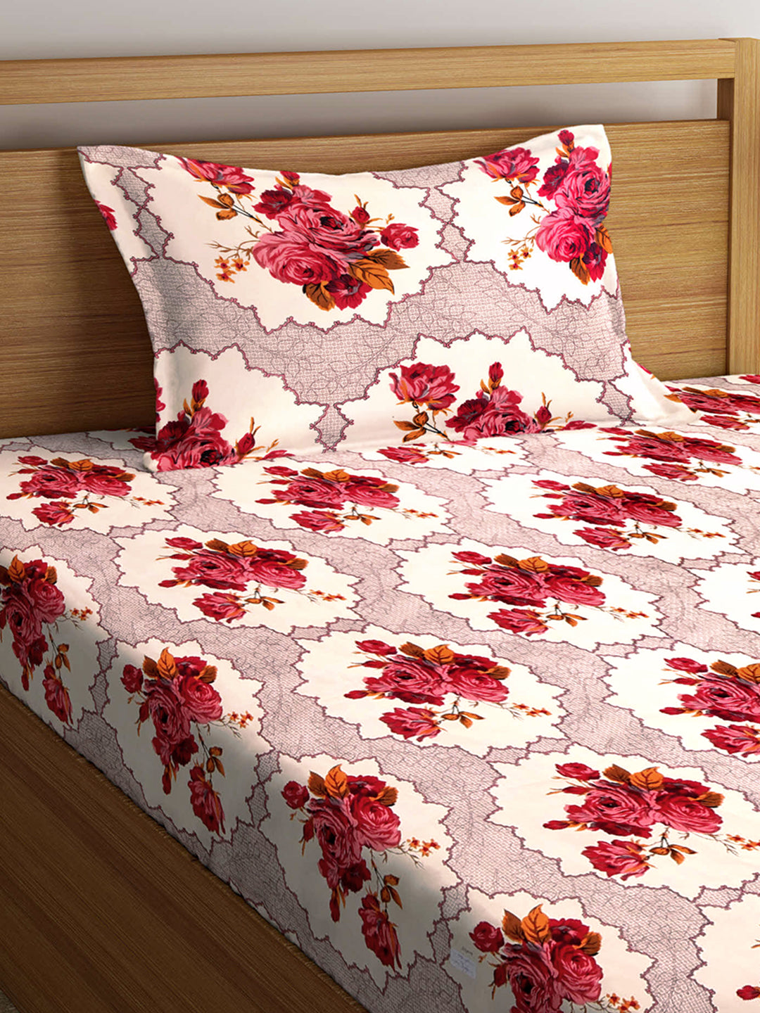 Arrabi Cream Floral TC Cotton Blend Single Size Fitted Bedsheet with 1 Pillow Cover (220 X 150 cm)