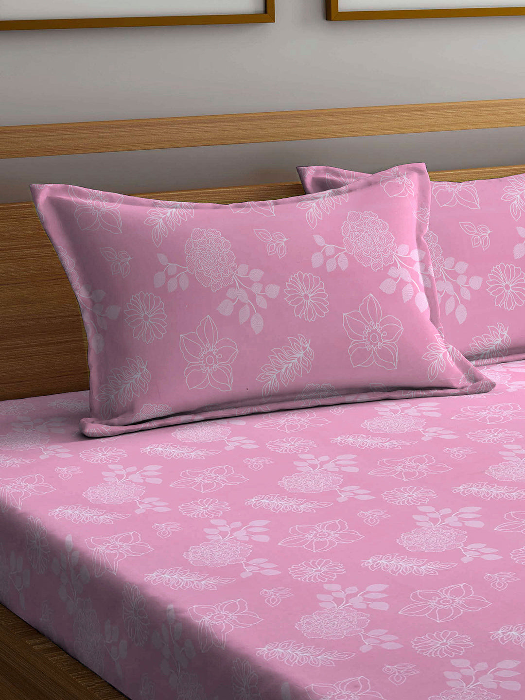 Arrabi Pink Floral TC Cotton Blend King Size Bookfold Bedsheet with 2 Pillow Covers (250 X 220 cm)