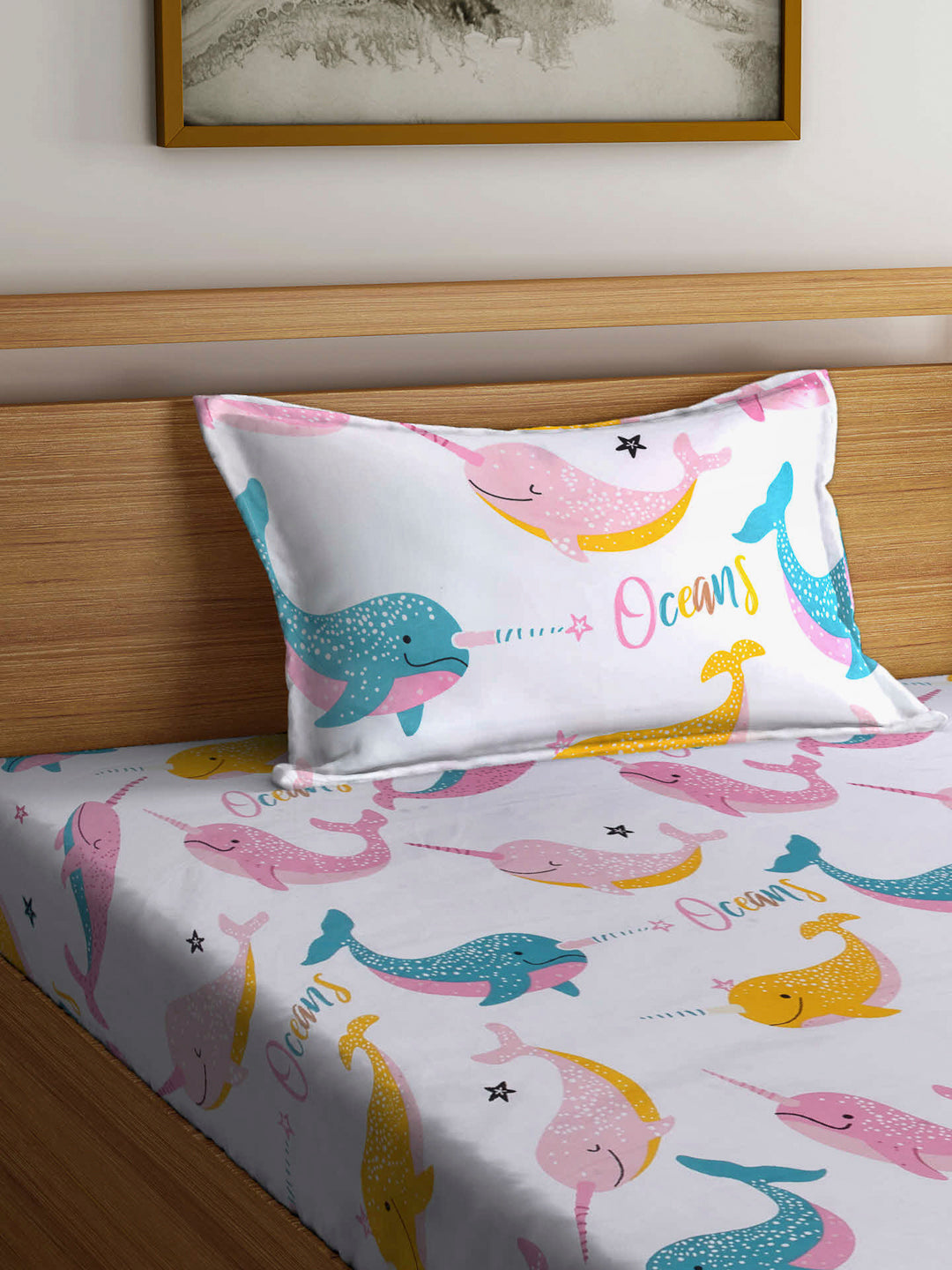 Arrabi White Cartoon TC Cotton Blend Single Size Fitted Bedsheet with 1 Pillow Cover (220 X 150 cm)