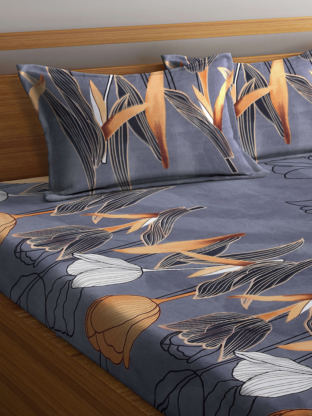 Arrabi Grey Floral TC Cotton Blend King Size Bookfold Bedsheet with 2 Pillow Covers (250 X 215 cm)