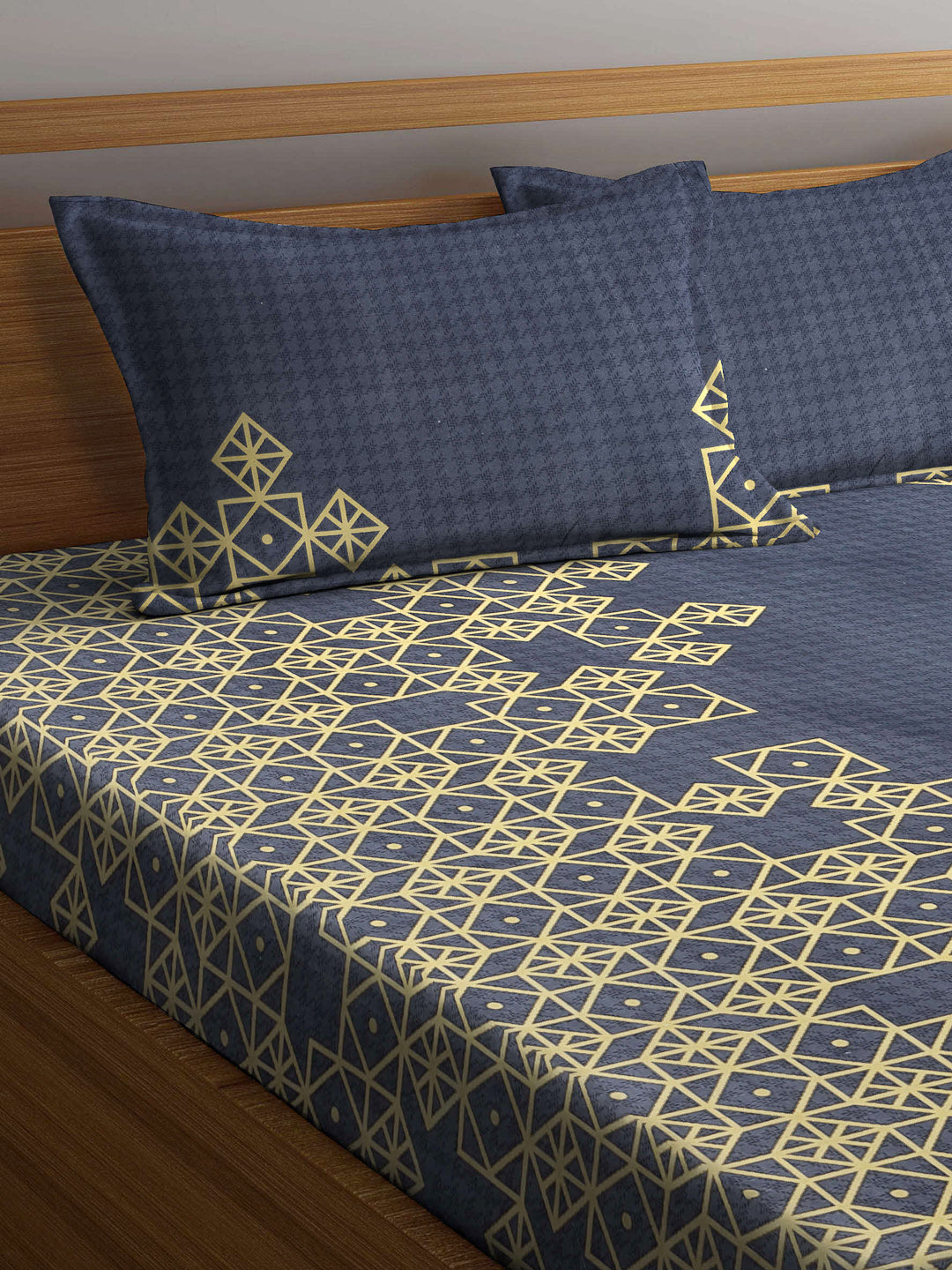 Arrabi Grey Geometric TC Cotton Blend King Size Bookfold Bedsheet with 2 Pillow Covers (250 X 220 cm)