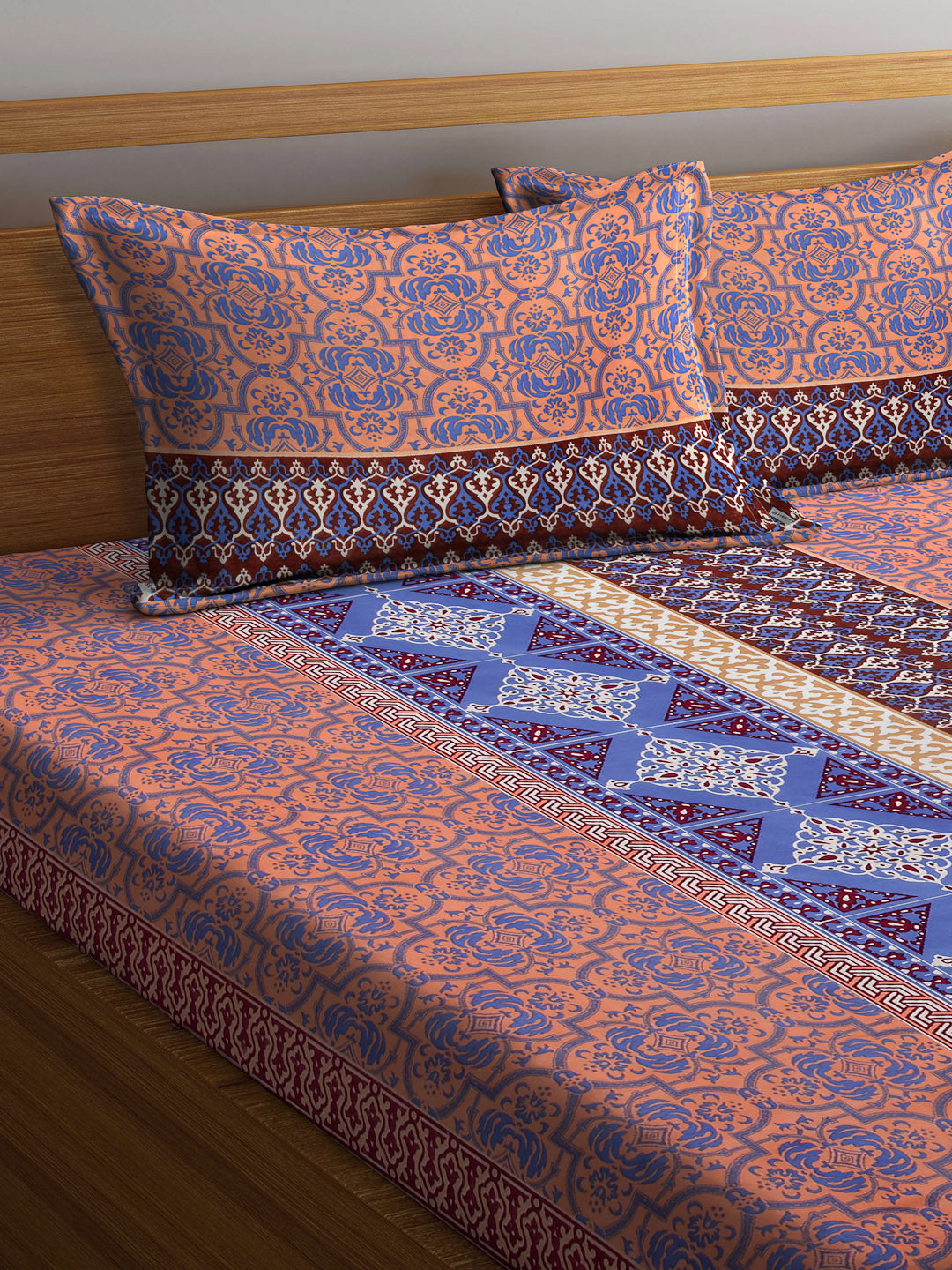 Arrabi Multi Indian TC Cotton Blend King Size Bookfold Bedsheet with 2 Pillow Covers (250 X 215 cm)