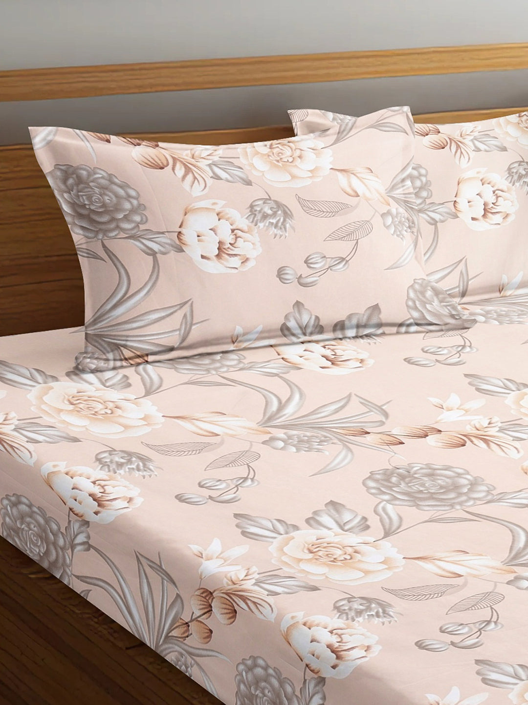 Arrabi Beige Floral TC Cotton Blend King Size Bedsheet with 2 Pillow Covers (250 x 215 cm)