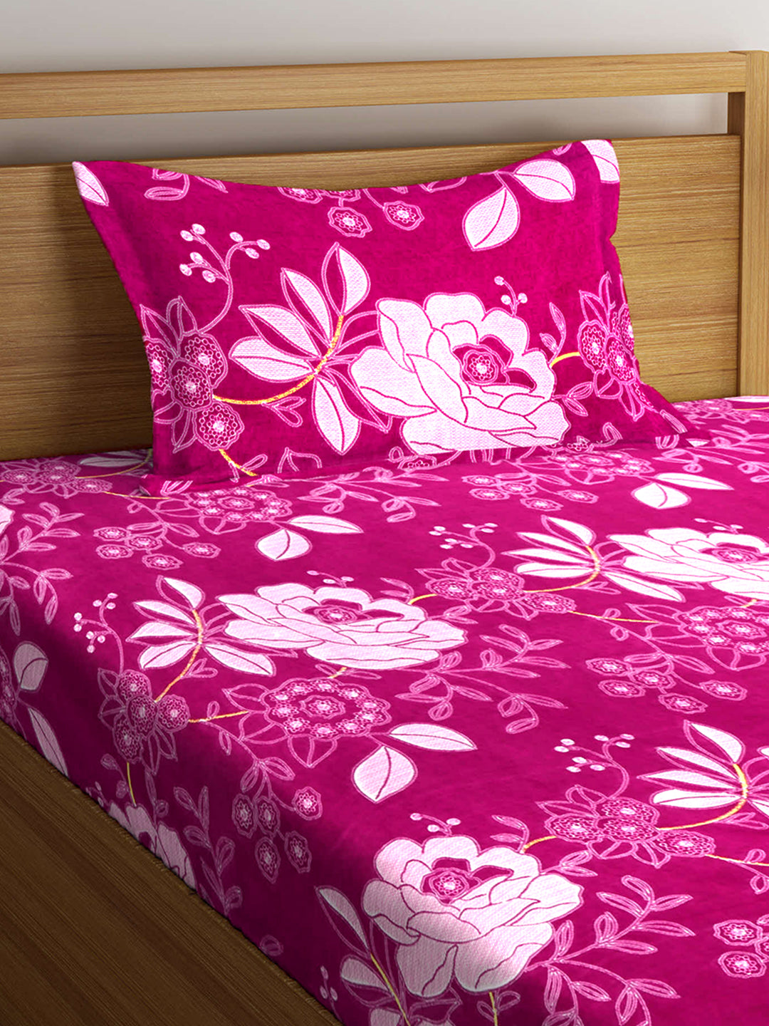 Arrabi Pink Floral TC Cotton Blend Single Size Fitted Bedsheet with 1 Pillow Cover (220 X 150 cm)