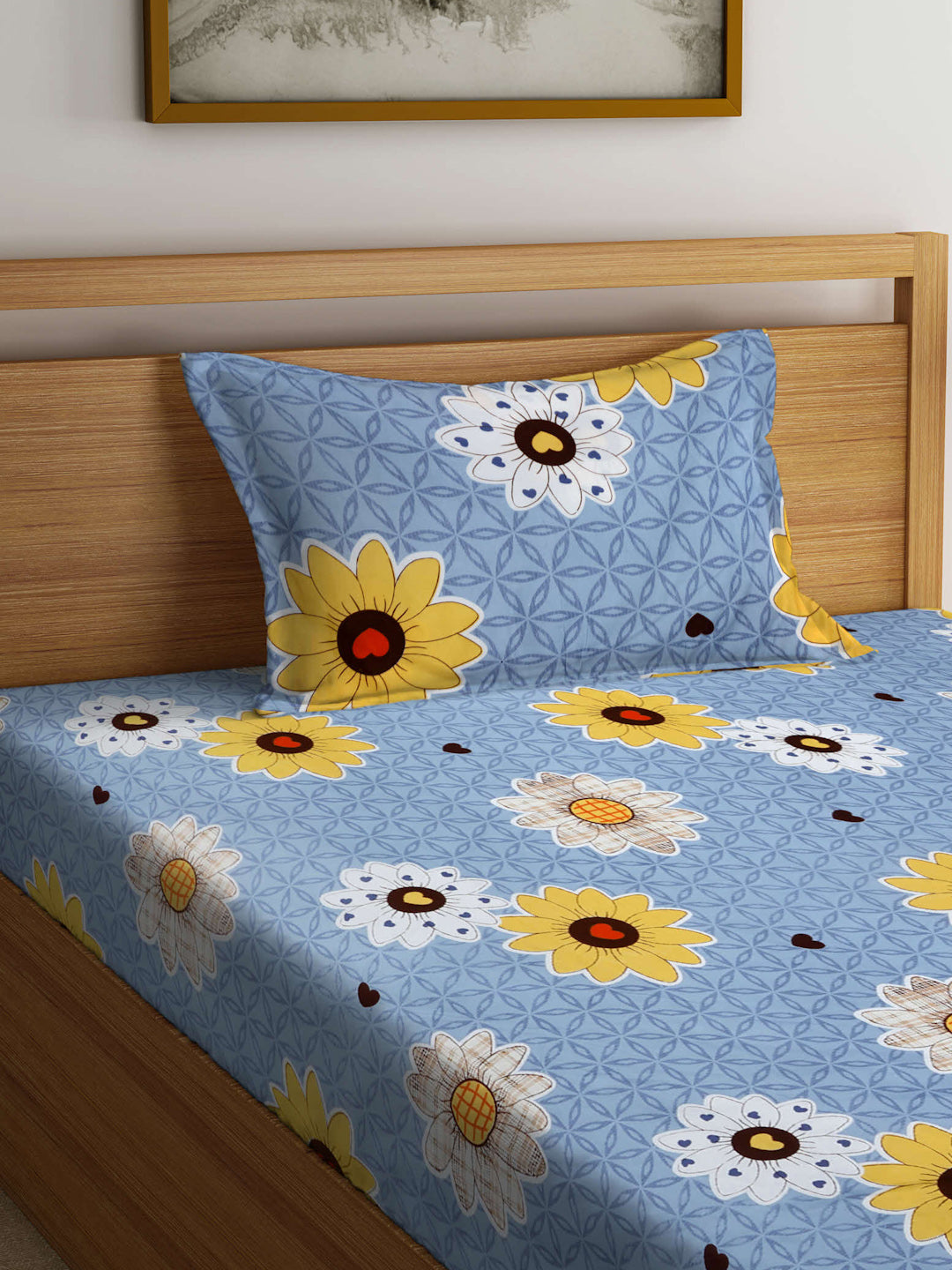 Arrabi Grey Floral TC Cotton Blend Single Size Bedsheet with 1 Pillow Cover (215 X 150 cm)