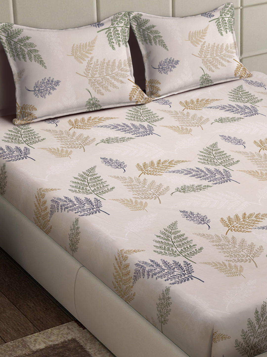 Arrabi Beige Leaf TC Cotton Blend King Size Bedsheet with 2 Pillow Covers (250 x 215 cm)