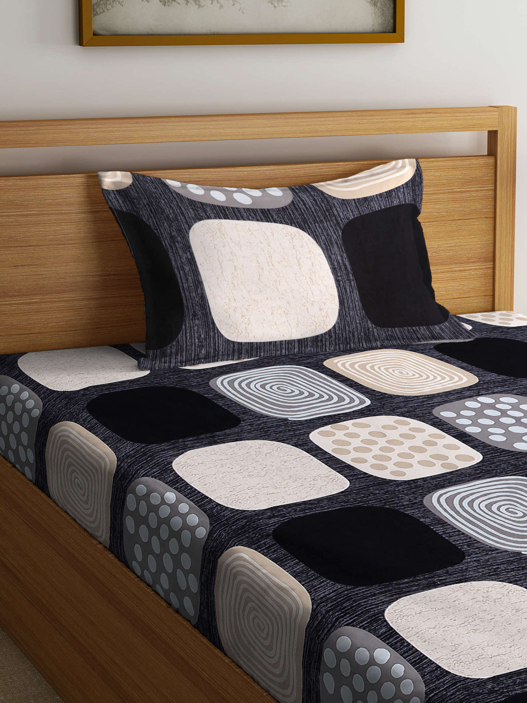 Arrabi Black Abstract TC Cotton Blend Single Size Bedsheet with 1 Pillow Cover (215 x 150 cm)