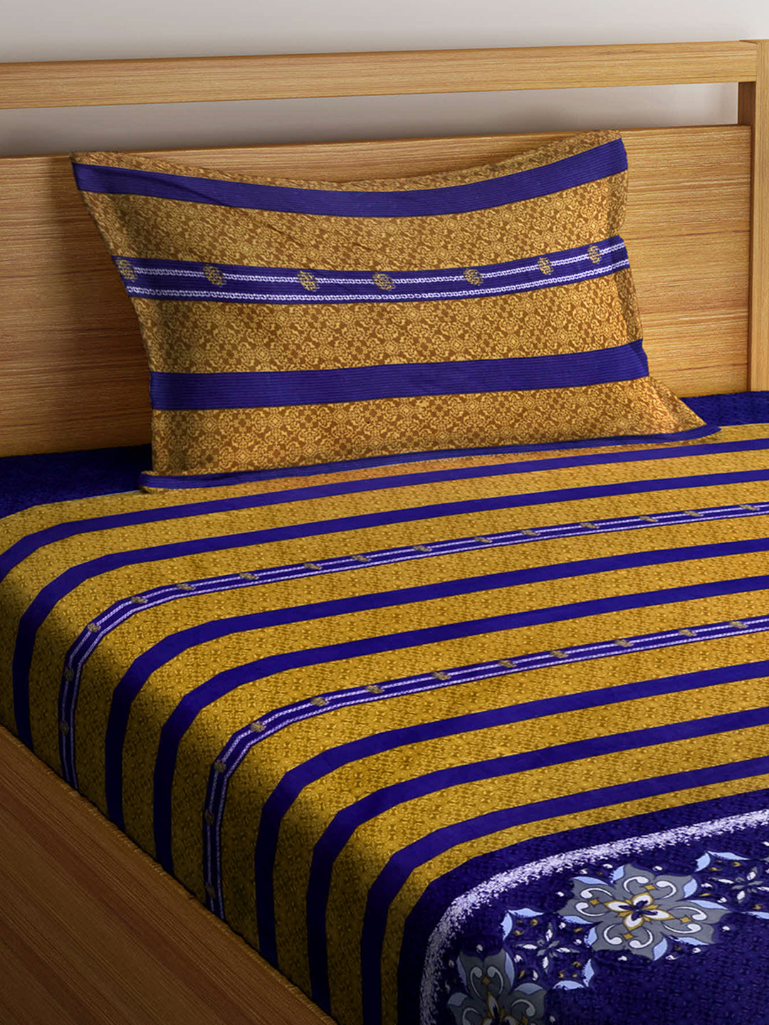 Arrabi Multi Stripes TC Cotton Blend Single Size Fitted Bedsheet with 1 Pillow Cover (220 X 150 cm)
