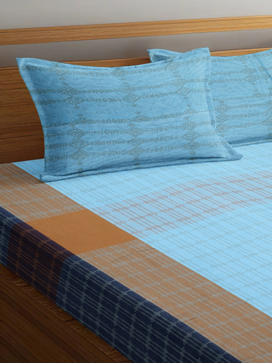 Arrabi Blue Geometric Handwoven Cotton King Size Bedsheet with 2 Pillow Covers (260 x 230 cm)