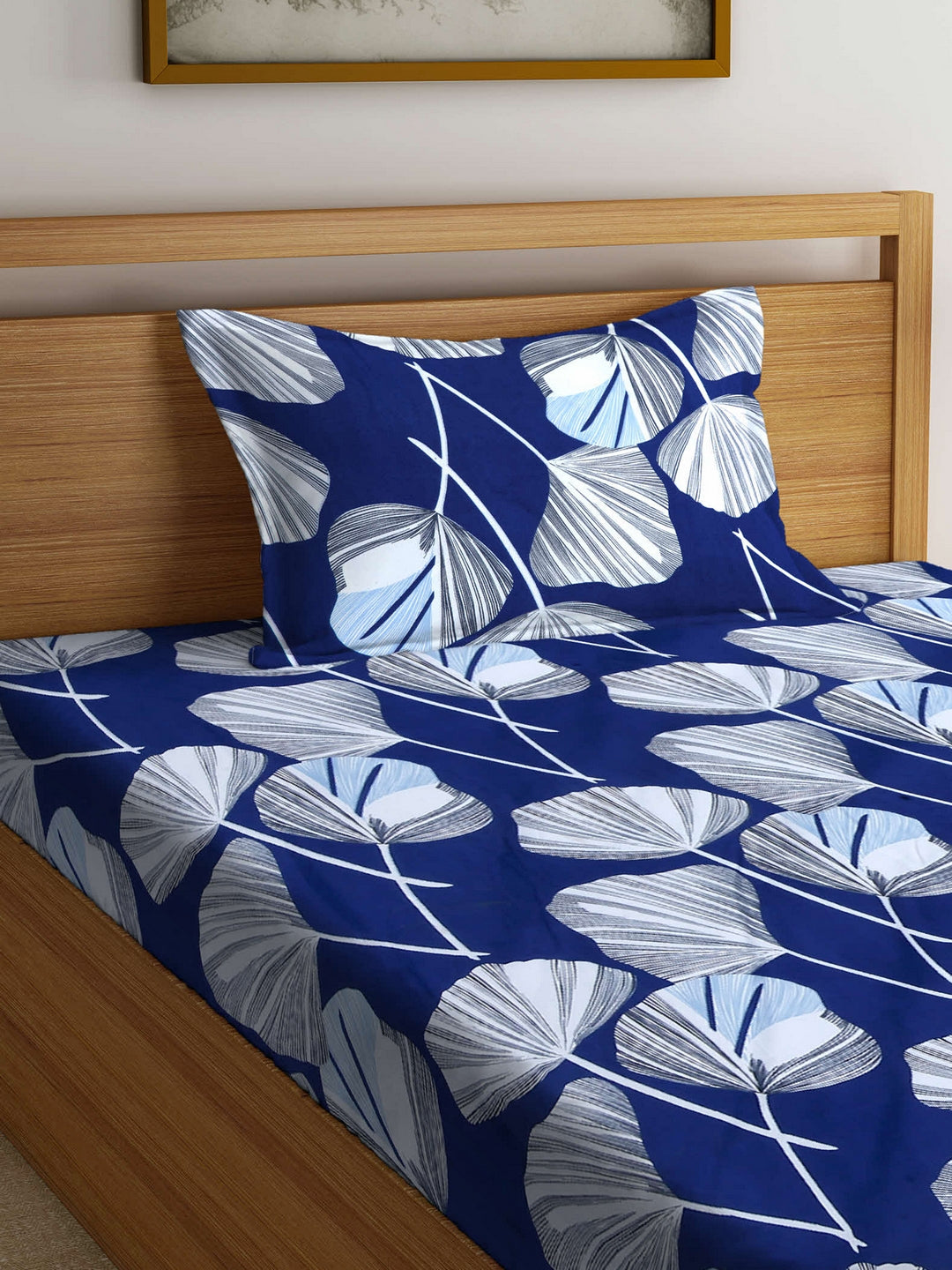 Arrabi Blue Floral TC Cotton Blend Single Size Bedsheet with 1 Pillow Cover (220 x 150 cm)