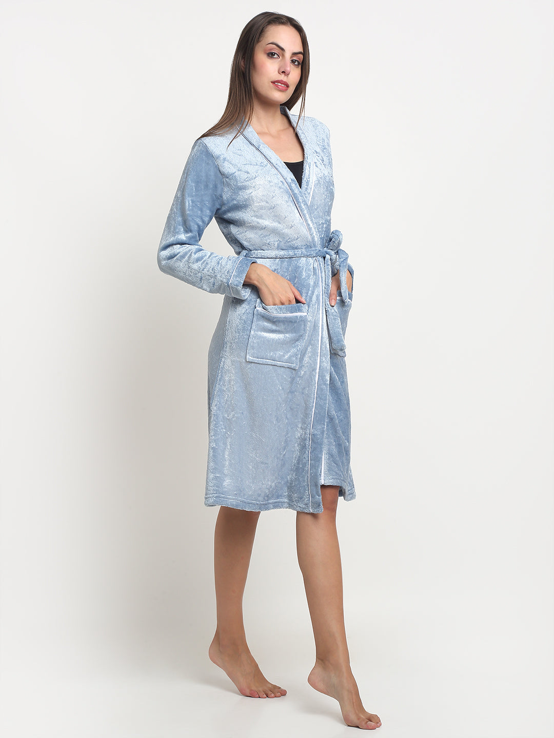 Arrabi Women Blue Warm Woolen Striped Bath Robe With Pockets
