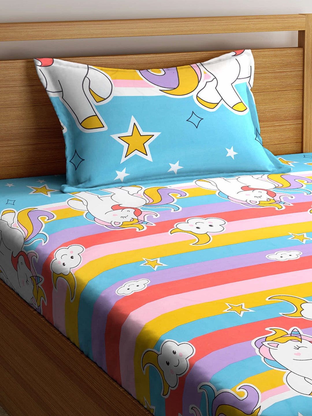 Arrabi Multi Cartoon TC Cotton Blend Single Size Fitted Bedsheet with 1 Pillow Cover (220 X 150 cm)