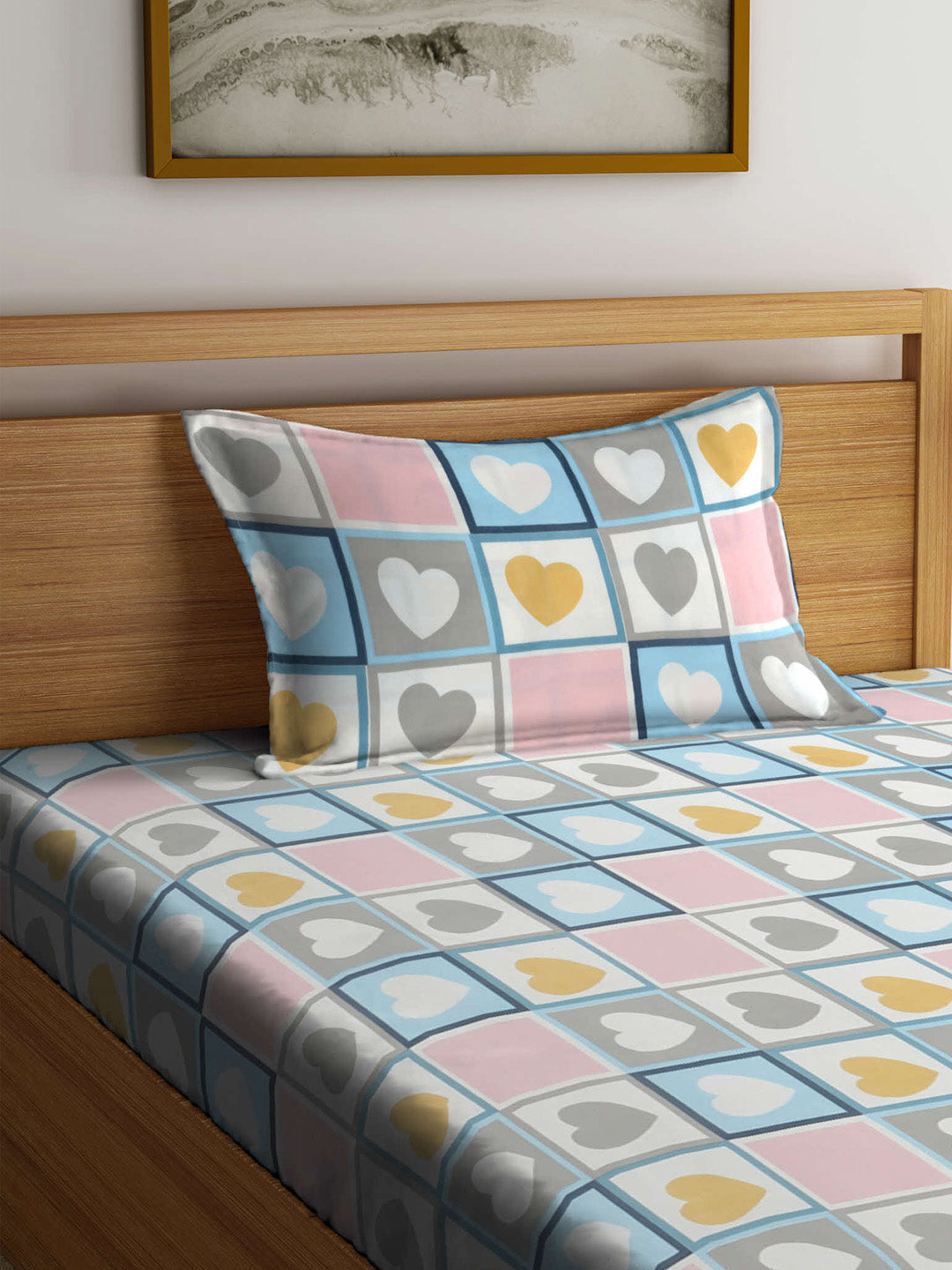 Arrabi Multi Geometric TC Cotton Blend Single Size Fitted Bedsheet with 1 Pillow Cover (215 x 150 cm)