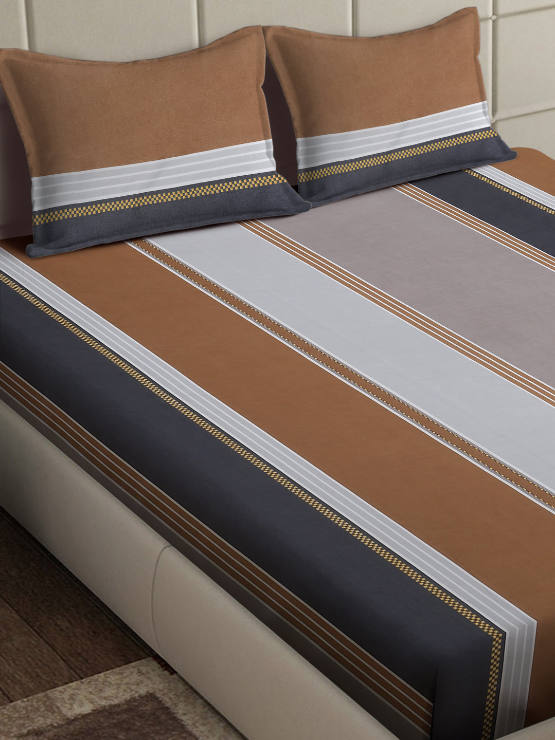 Arrabi Grey Stripes TC Cotton Blend King Size Bedsheet with 2 Pillow Covers (250 x 215 cm)