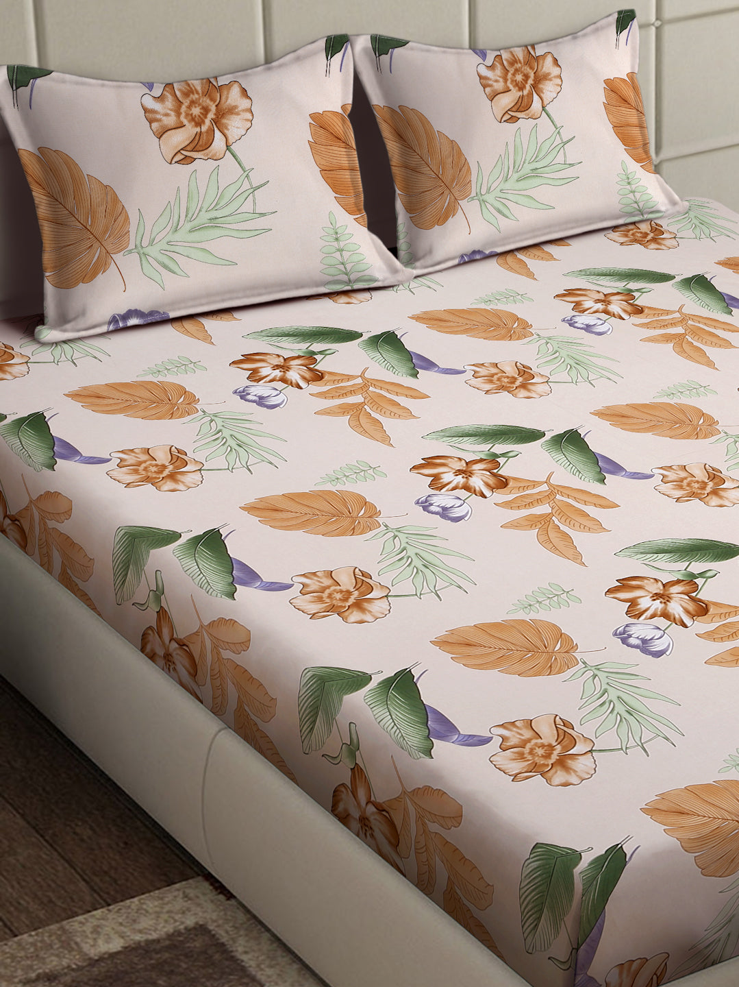 Arrabi Multi Floral TC Cotton Blend Super King Size Bedsheet with 2 Pillow Covers (270 x 260 cm)