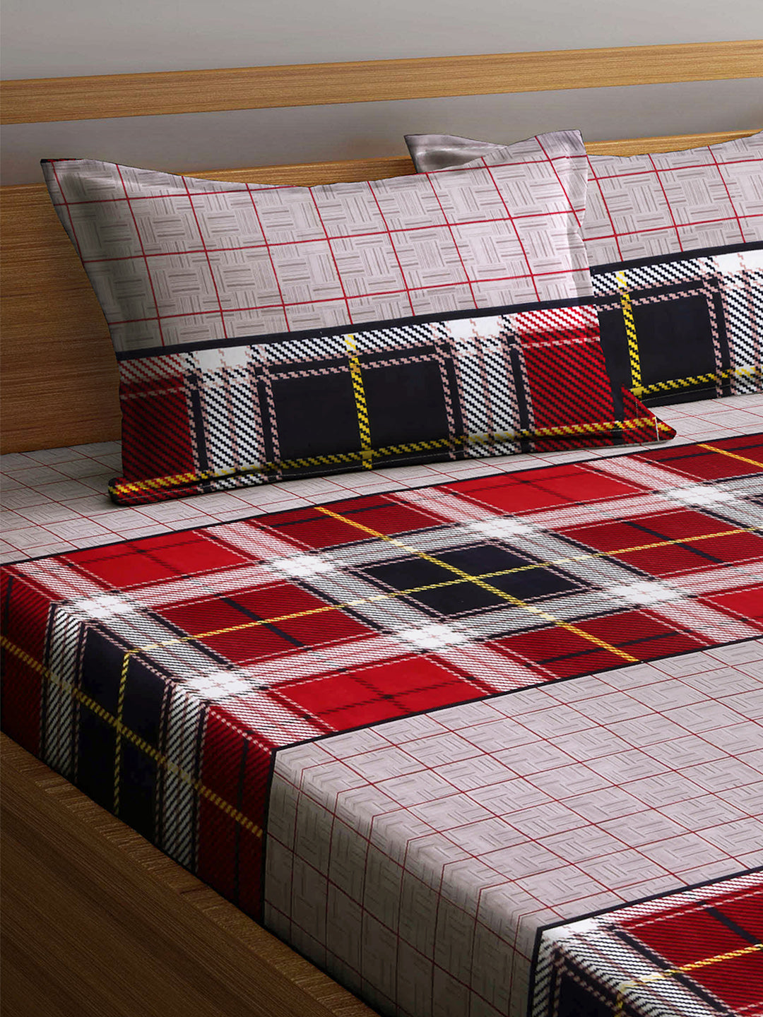 Arrabi Grey Check TC Cotton Blend Super King Size Bedsheet with 2 Pillow Cover (270 x 260 cm)