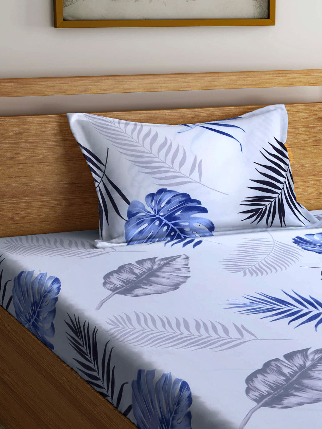 Arrabi White Leaf TC Cotton Blend Single Size Fitted Bedsheet with 1 Pillow Cover (220 X 150 cm)