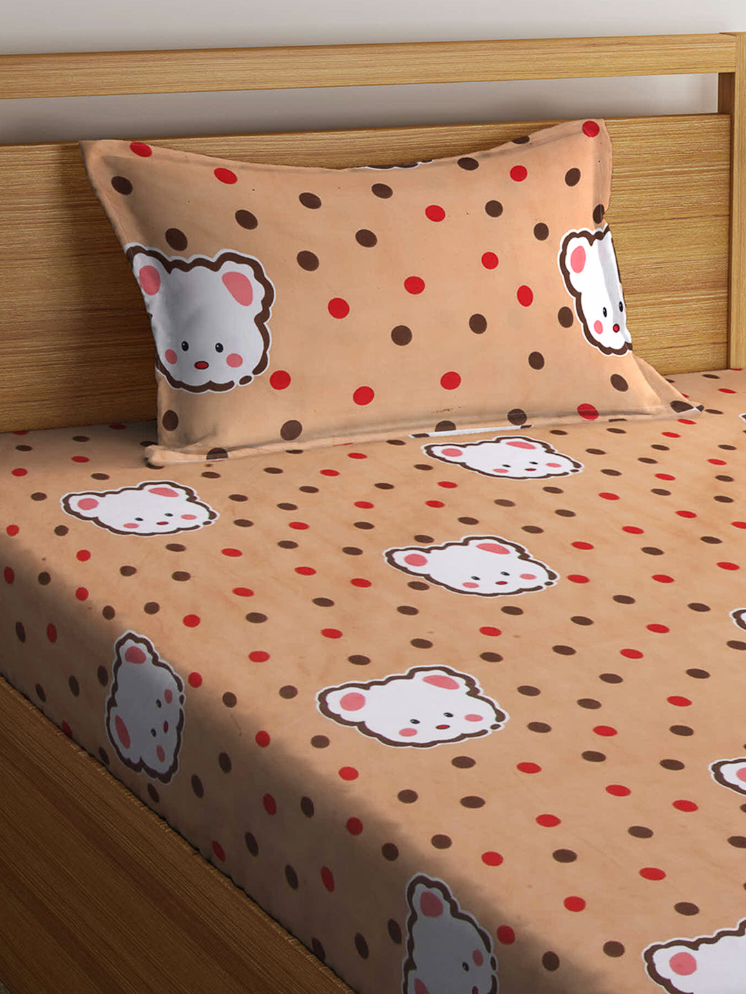 Arrabi Brown Cartoon TC Cotton Blend Single Size Fitted Bedsheet with 1 Pillow Cover (220 X 150 cm)