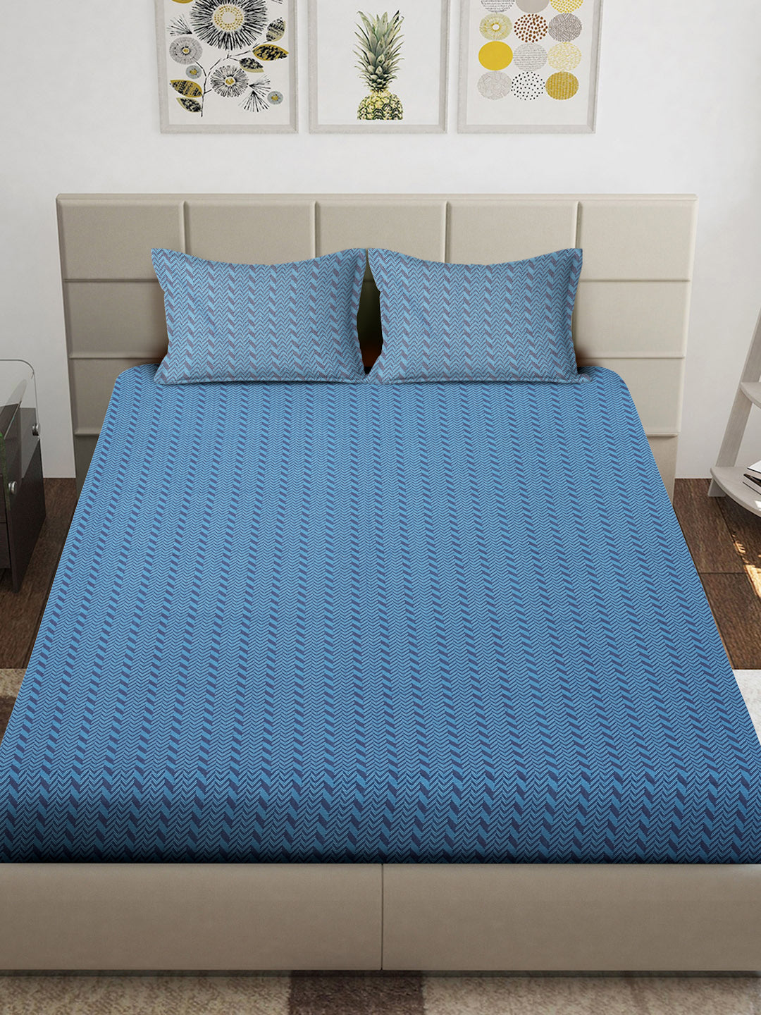 Arrabi Blue Geometric 100% Handwoven Cotton King Size Bedsheet with 2 Pillow Covers (260 x 230 cm)