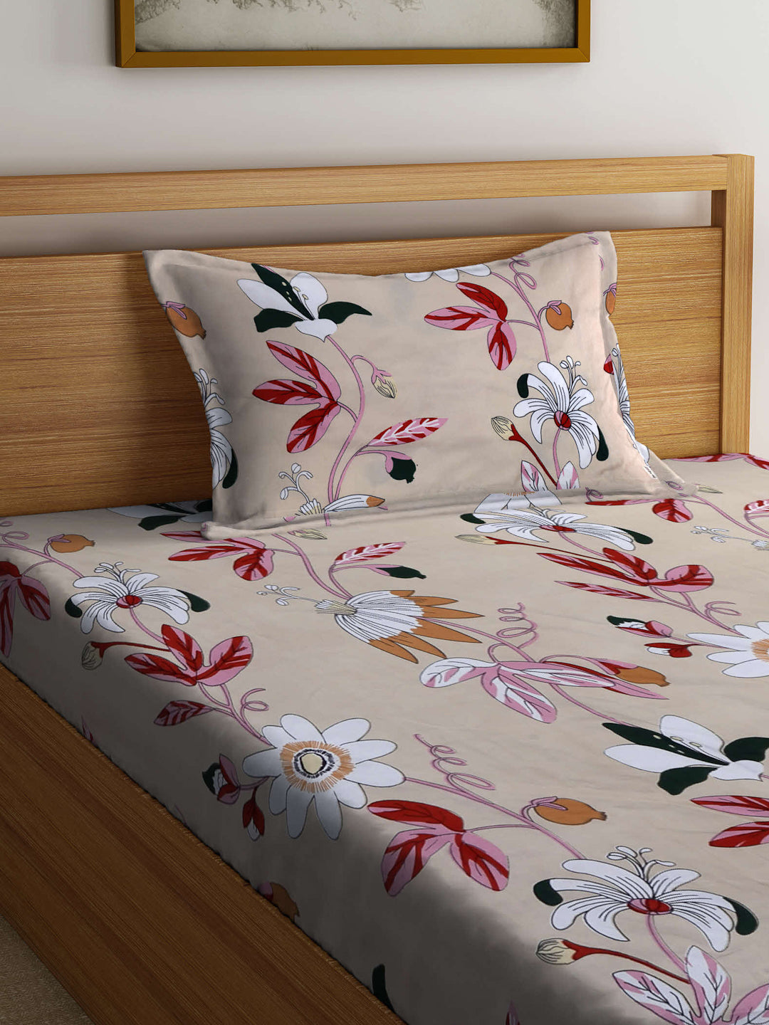 Arrabi Brown Floral TC Cotton Blend Single Size Bedsheet with 1 Pillow Cover (215 x 150 cm)
