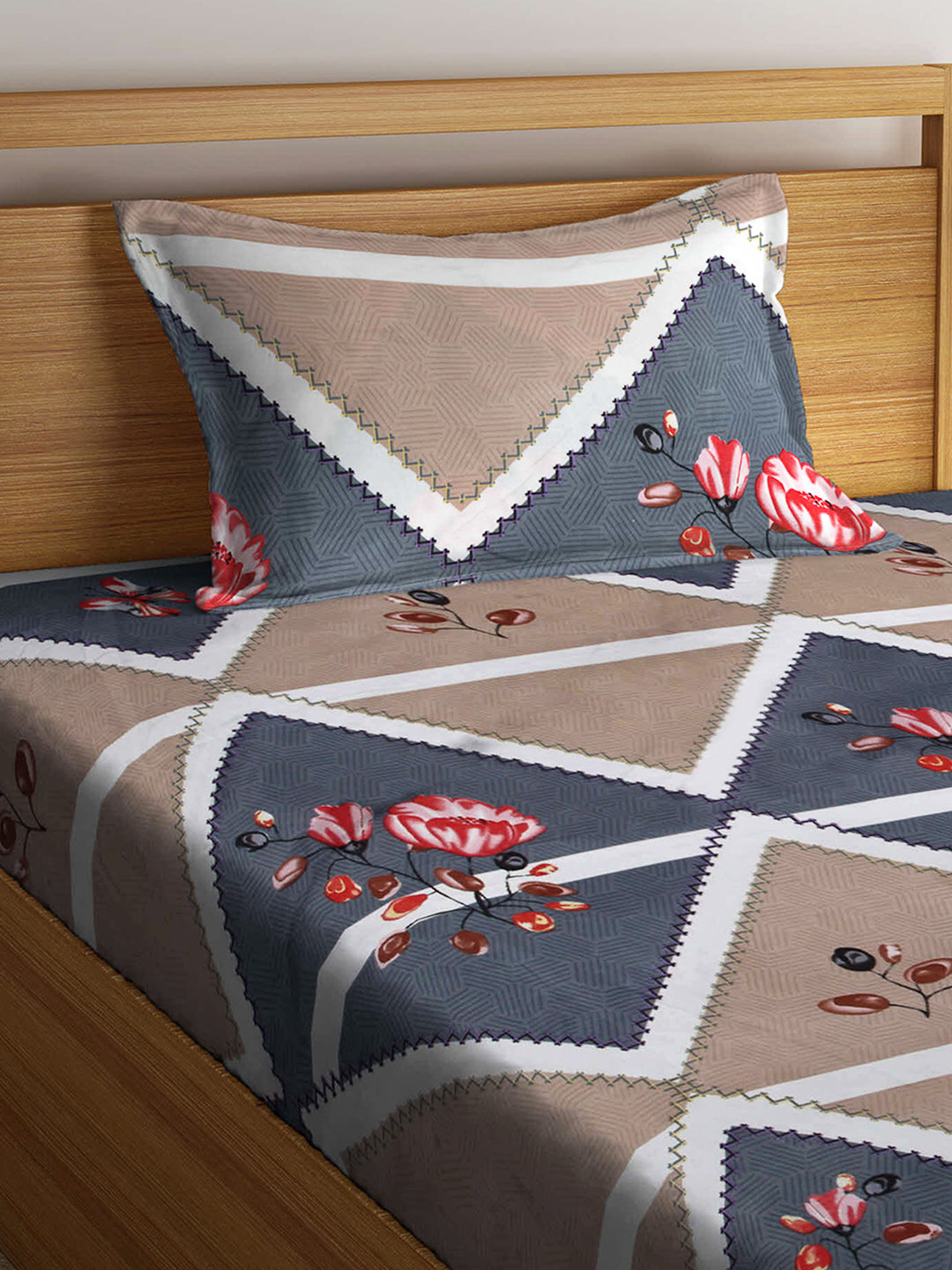 Arrabi Brown Geometric TC Cotton Blend Single Size Fitted Bedsheet with 1 Pillow Cover (220 X 150 cm)