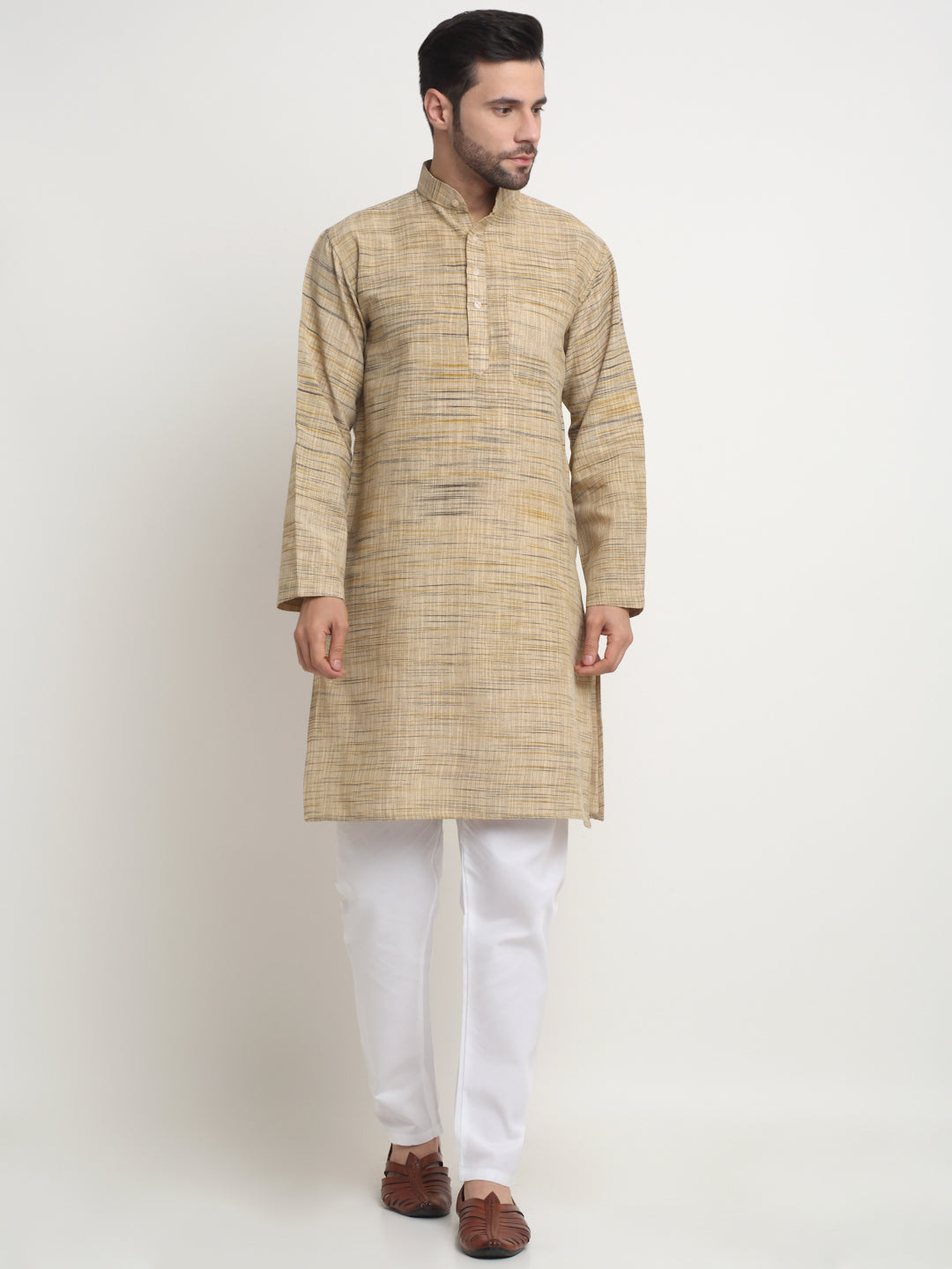 Arrabi Men Indian Fashion Cream Pure Cotton Solid Straight Kurta
