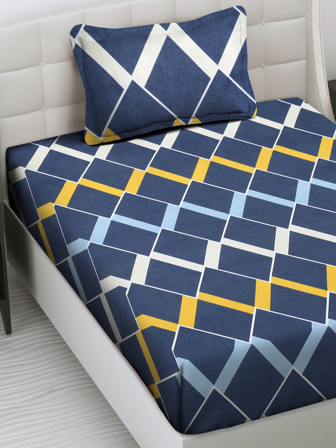 Arrabi Grey Geometric TC Cotton Blend Single Size Bedsheet with 1 Pillow Cover (215 x 150 cm)