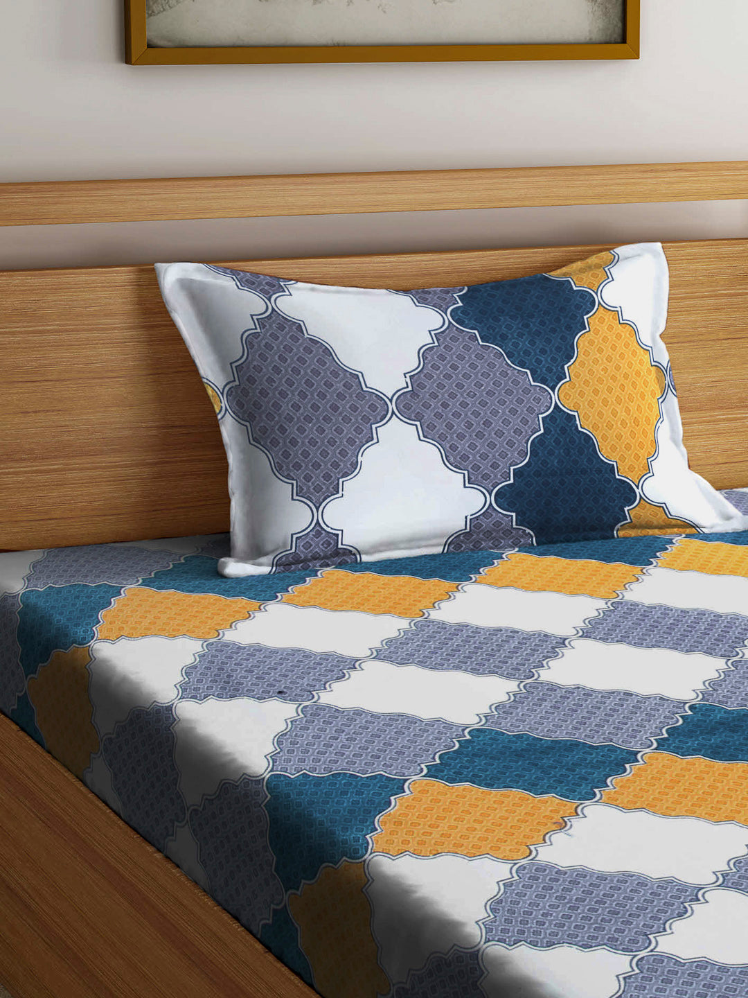 Arrabi Multi Geometric TC Cotton Blend Single Size Bedsheet with 1 Pillow Cover (220 x 150 cm)