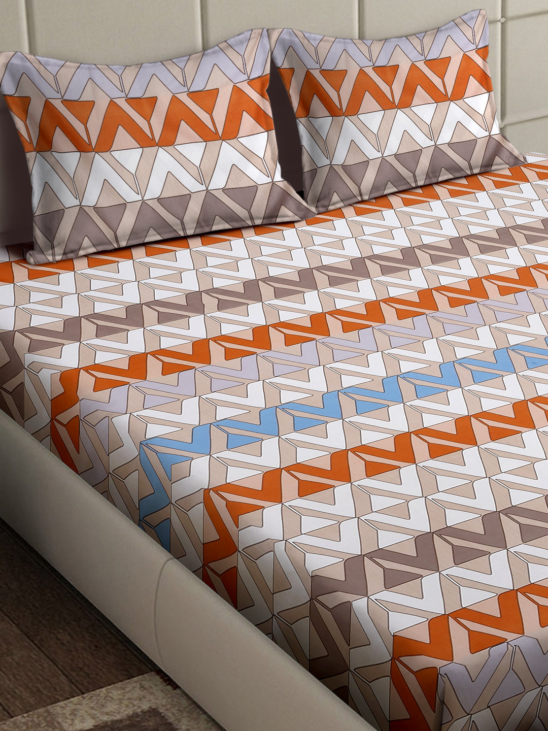 Arrabi Brown Geometric TC Cotton Blend King Size Bedsheet with 2 Pillow Covers (250 x 215 cm)