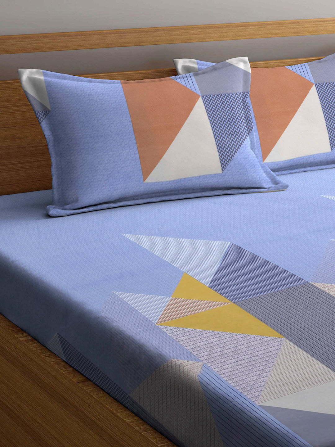 Arrabi Blue Geometric TC Cotton Blend King Size Bookfold Bedsheet with 2 Pillow Covers (250 X 220 cm)