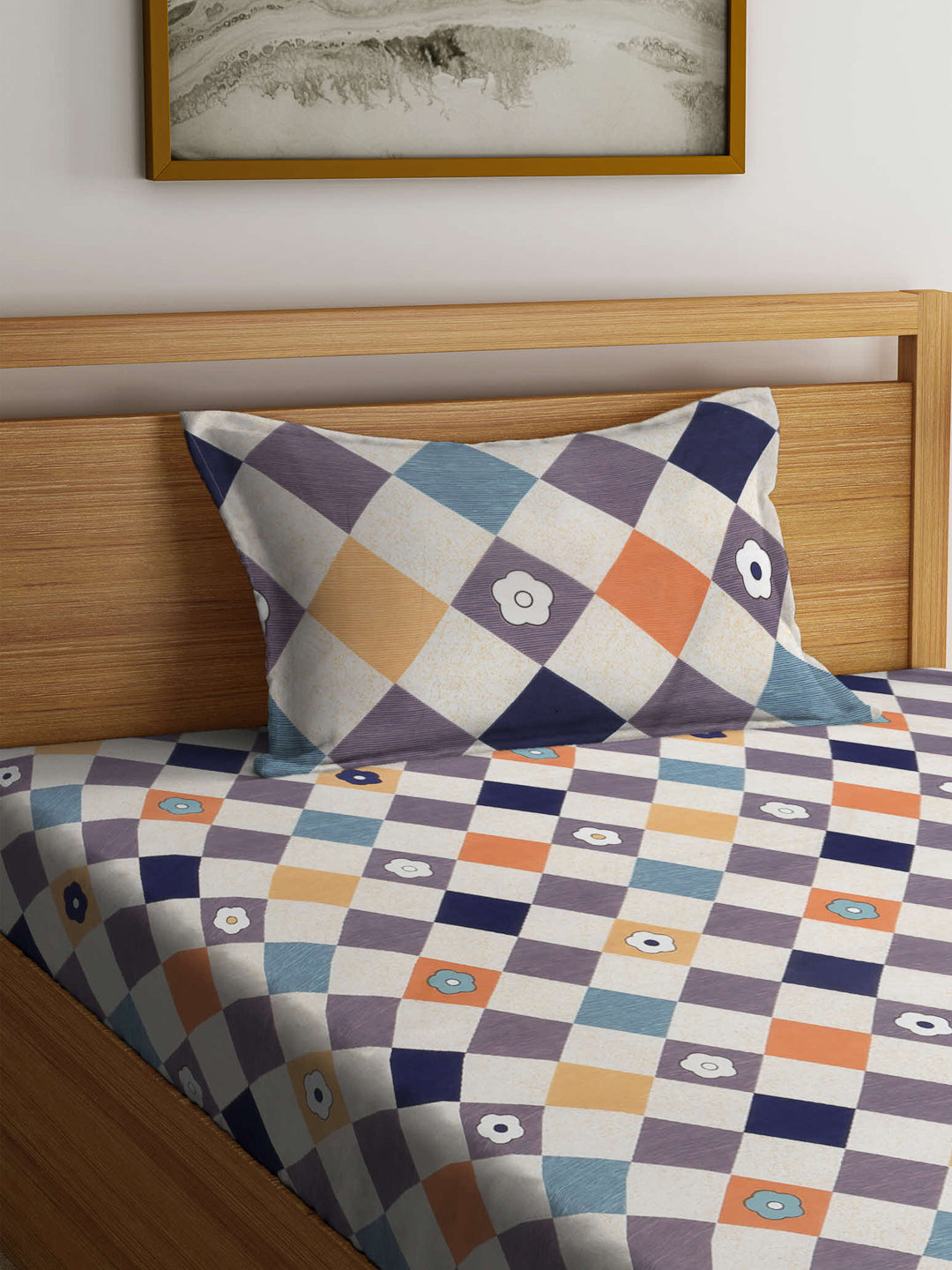 Arrabi Multi Geometric TC Cotton Blend Single Size Bedsheet with 1 Pillow Cover (215 x 150 cm)