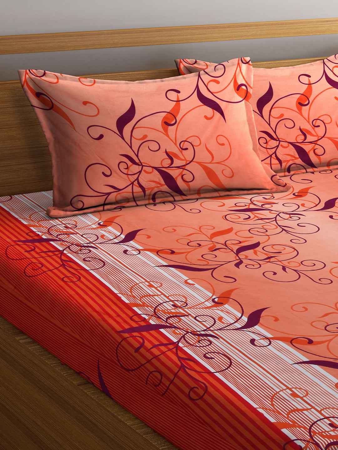 Arrabi Orange Indian TC Cotton Blend King Size Bookfold Bedsheet with 2 Pillow Covers (250 X 215 cm)