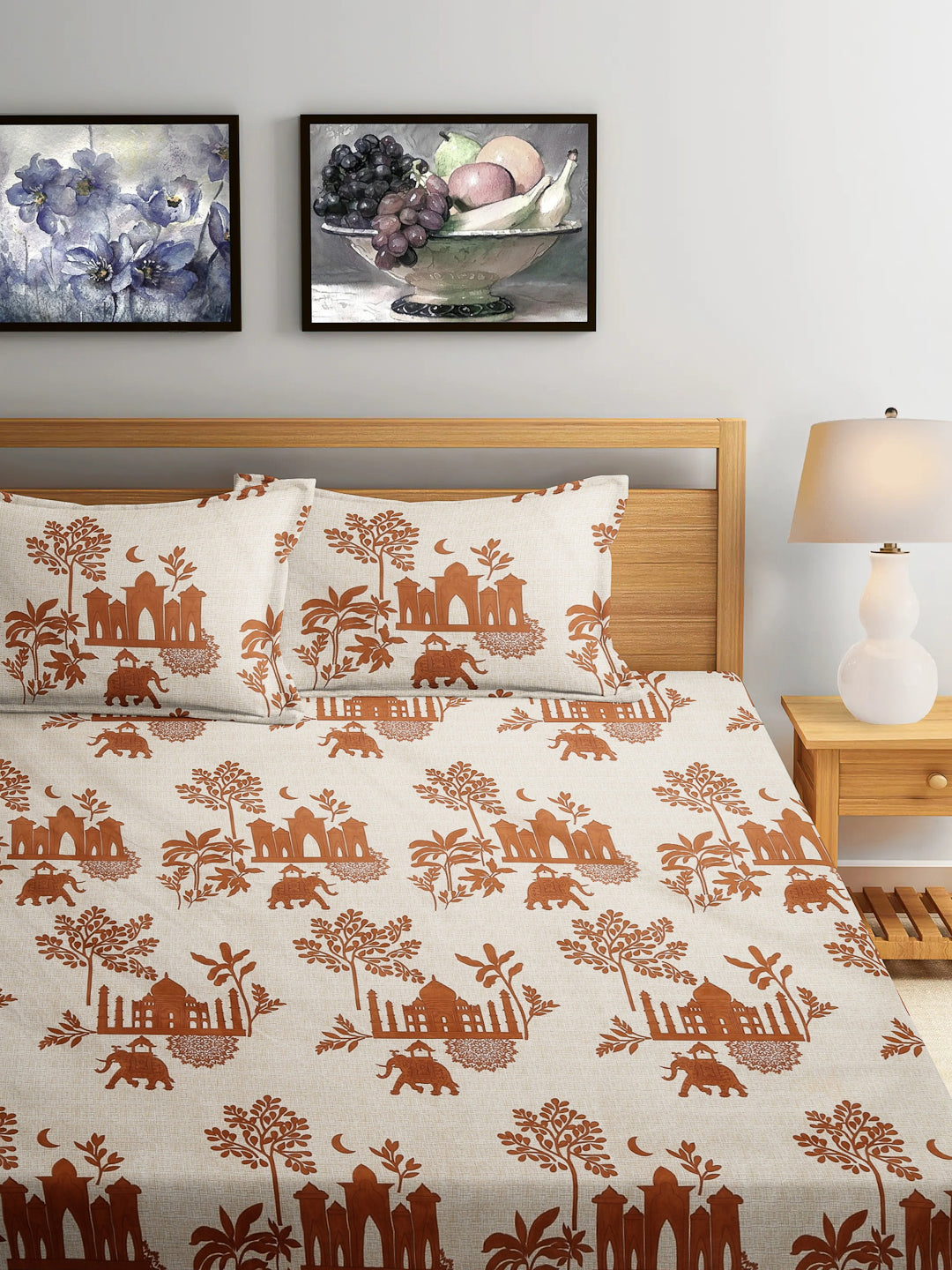 Arrabi Multi Leaf TC Cotton Blend Super King Size Bedsheet with 2 Pillow Covers (270 x 260 cm)