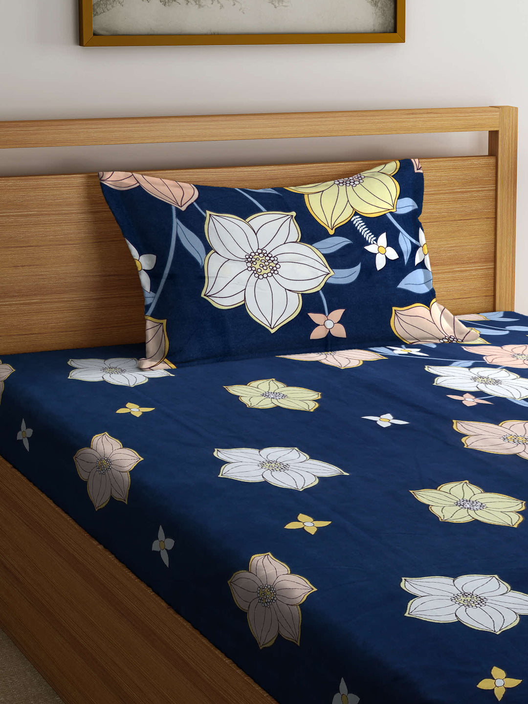 Arrabi Blue Floral TC Cotton Blend Single Size Bedsheet with 1 Pillow Cover (215 x 150 cm)