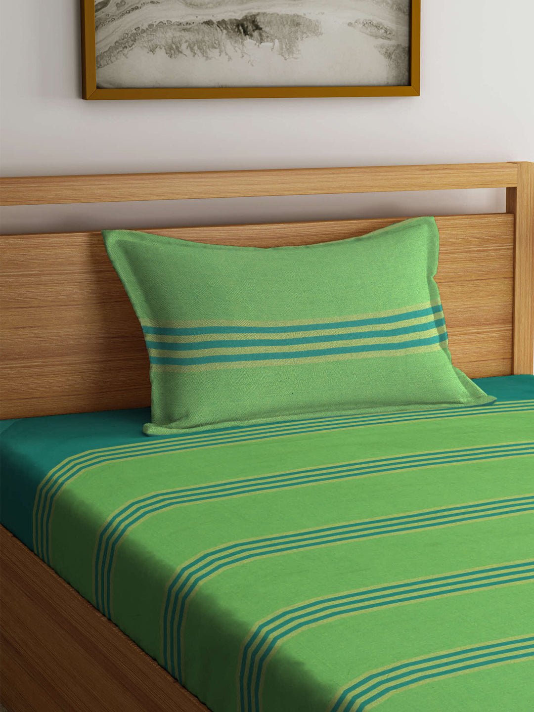 Arrabi Green Striped Handwoven Cotton Single Size Bedsheet with 1 Pillow Cover (215 x 150 cm)