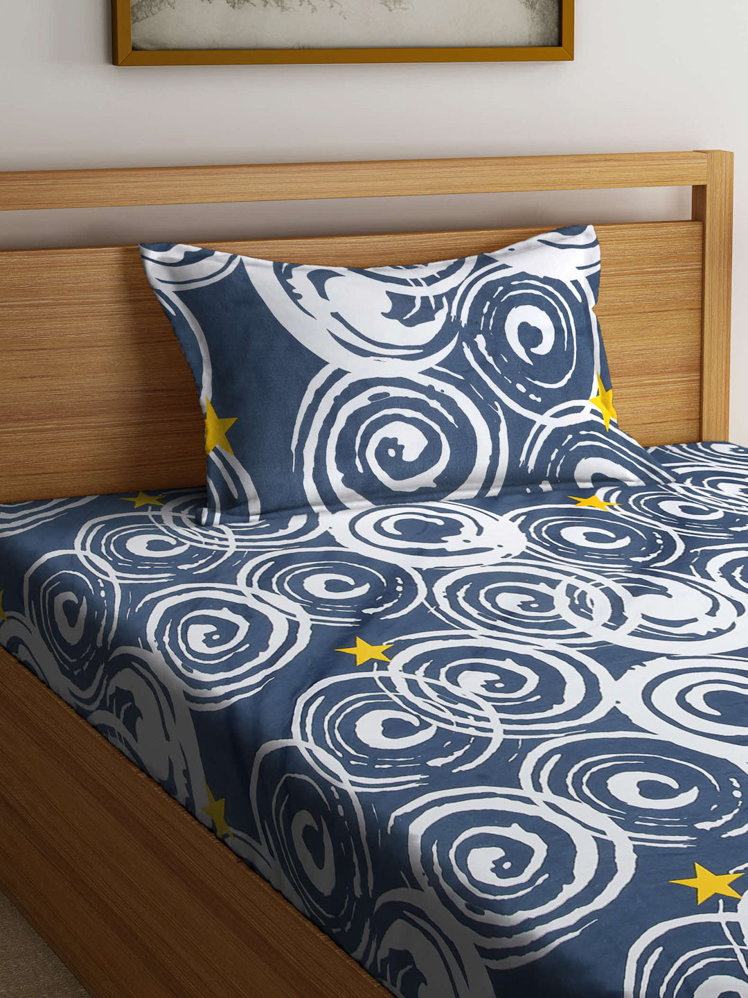 Arrabi Grey Geometric TC Cotton Blend Single Size Bedsheet with 1 Pillow Cover (215 x 150 cm)