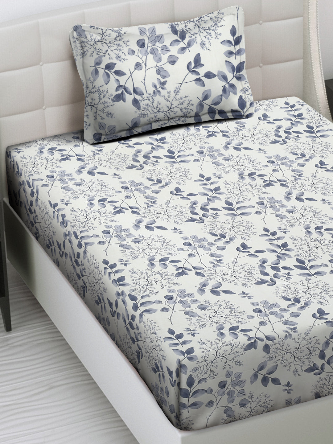 Arrabi Cream Leaf TC Cotton Blend Single Size Bedsheet with 1 Pillow Cover (215 x 150 cm)