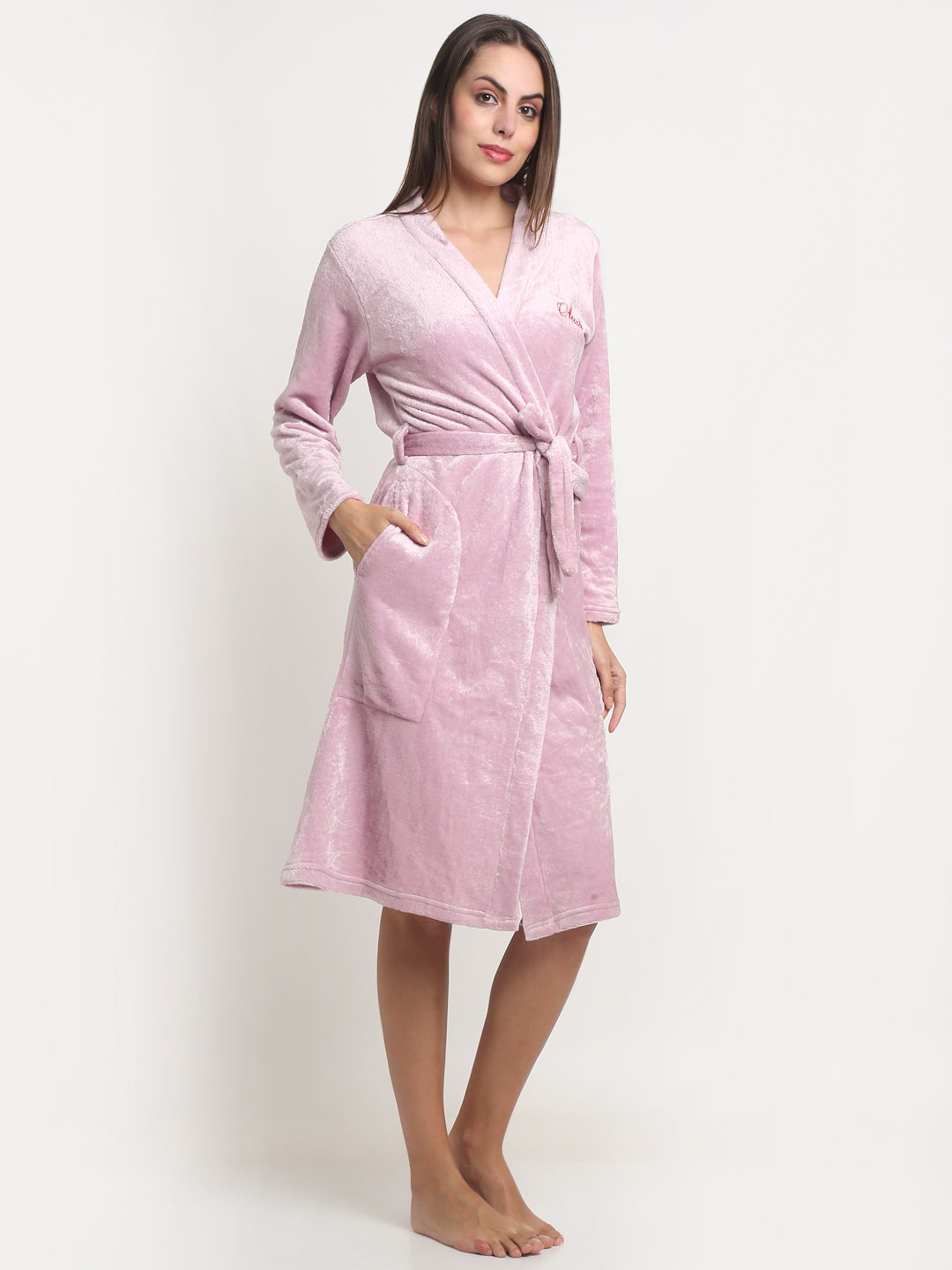 Arrabi Women Pink Warm Woolen Solid Bath Robe With Pockets