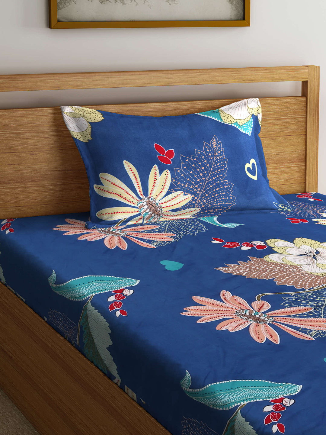 Arrabi Blue Floral TC Cotton Blend Single Size Bedsheet with 1 Pillow Cover (220 x 150 cm)