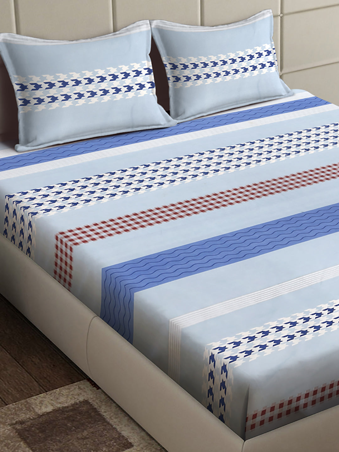 Arrabi Blue Geometric TC Cotton Blend King Size Bedsheet with 2 Pillow Covers (250 x 215 cm)