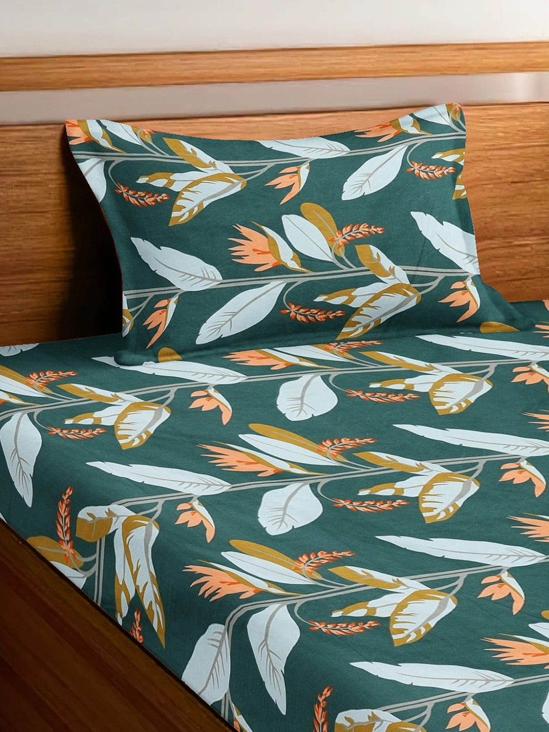 Arrabi Green Leaf TC Cotton Blend Single Size Bedsheet with 1 Pillow Cover (215 x 150 cm)