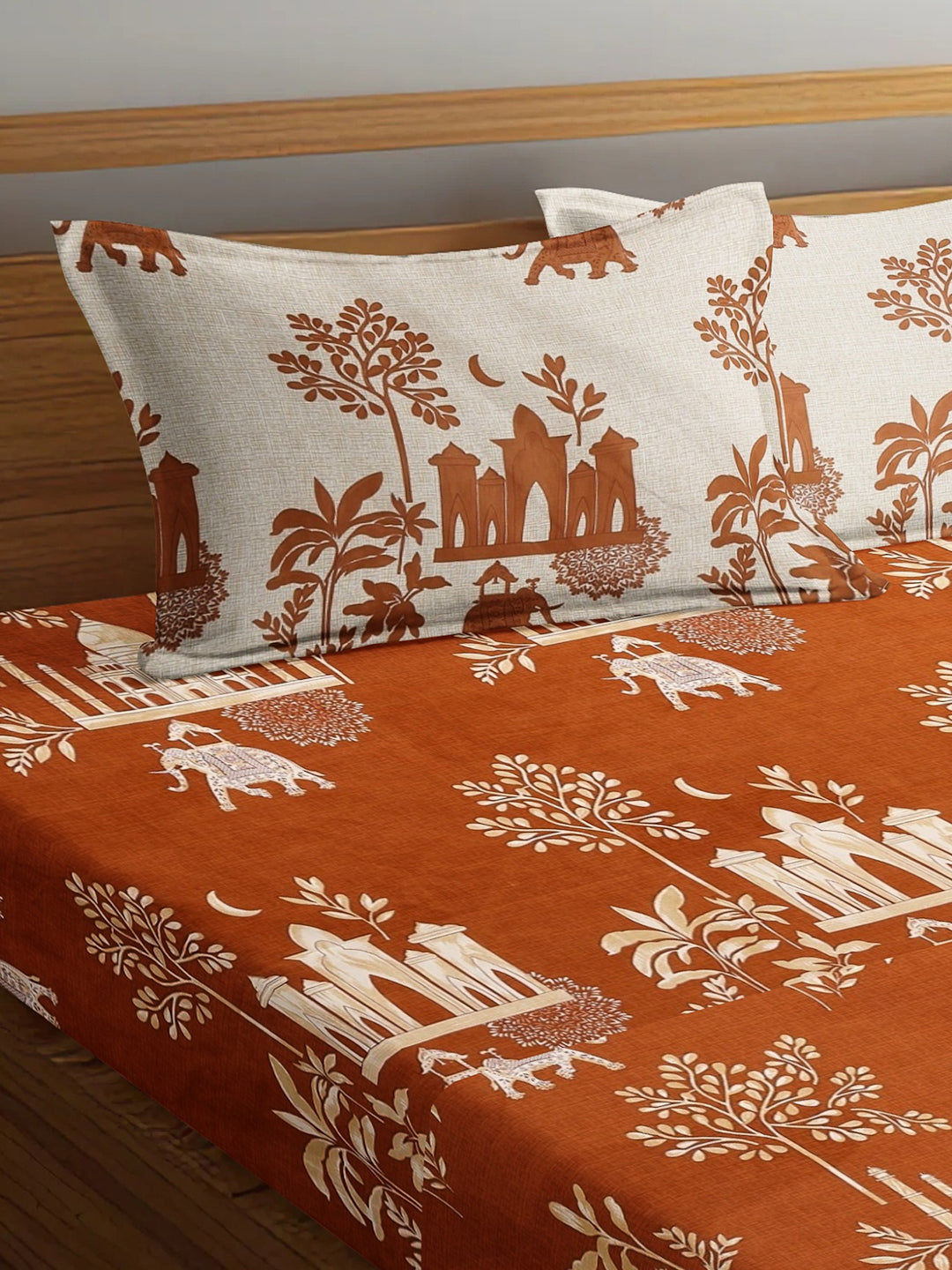 Arrabi Brown Floral TC Cotton Blend Super King Size Fitted Bedsheet with 2 Pillow Covers (270 X 260 Cm)