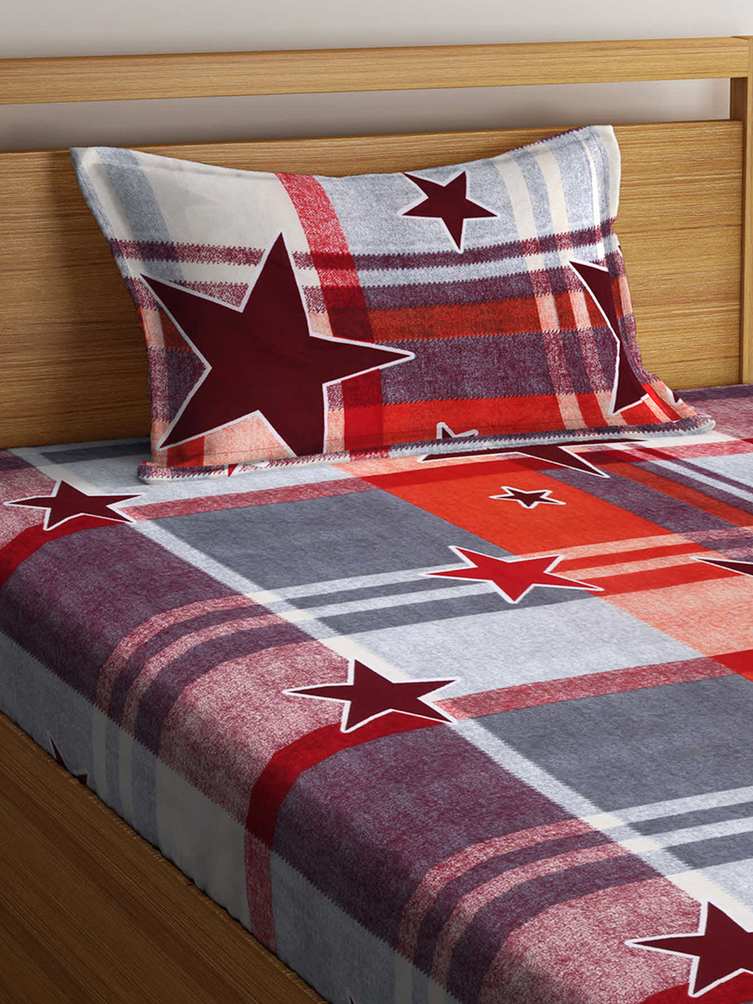Arrabi Multi Geometric TC Cotton Blend Single Size Fitted Bedsheet with 1 Pillow Cover (220 X 150 cm)