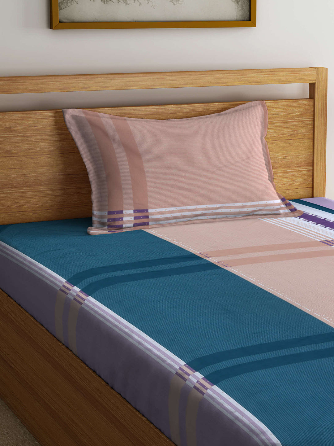 Arrabi Multi Stripes TC Cotton Blend Single Size Fitted Bedsheet with 1 Pillow Cover (215 X 150 cm)