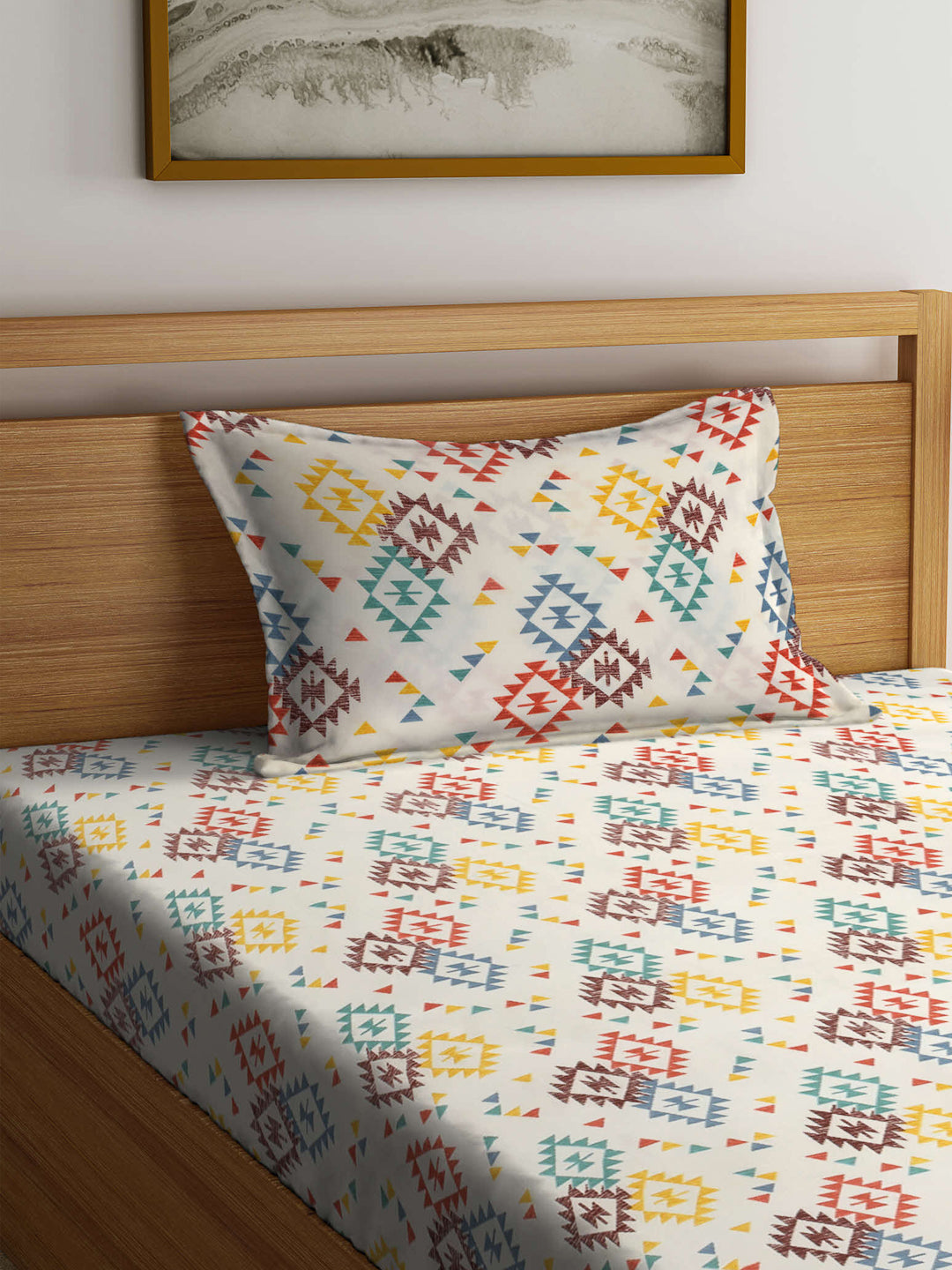 Arrabi Cream Geometric TC Cotton Blend Single Size Fitted Bedsheet with 1 Pillow Cover (215 x 150 cm)