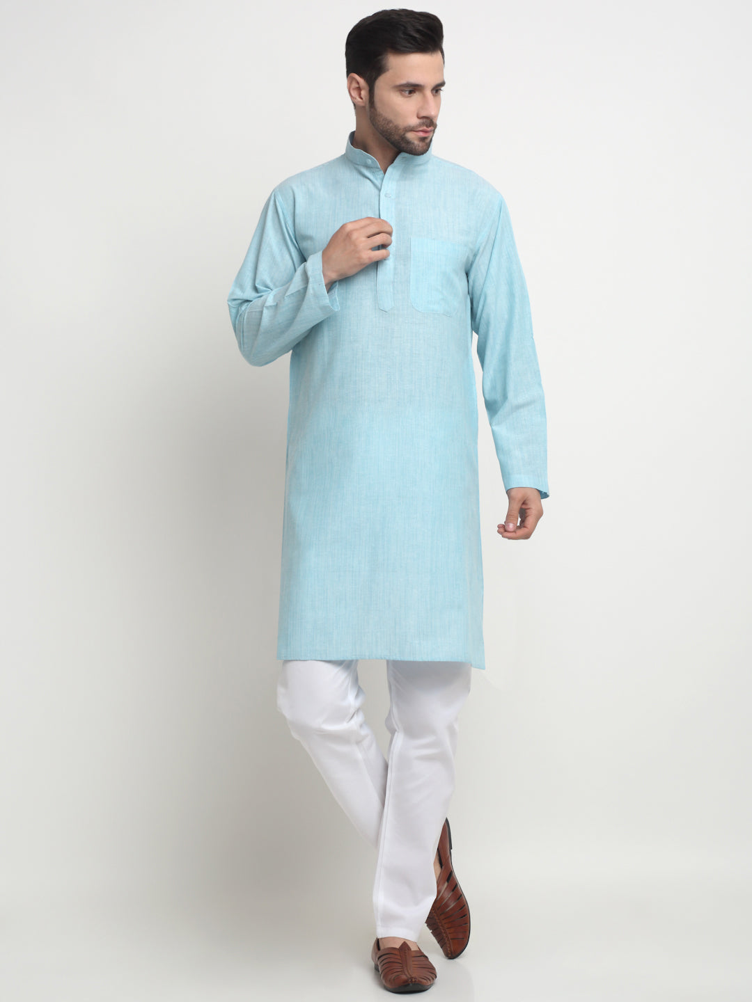 Arrabi Men Indian Fashion Blue Pure Cotton Solid Straight Kurta
