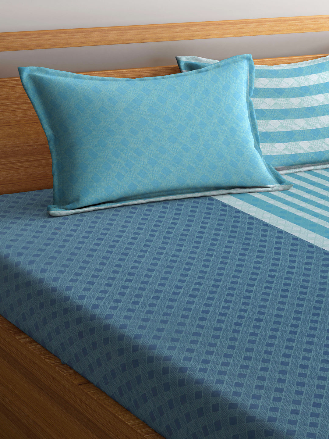 Arrabi Blue Stripes Handwoven Cotton King Size Bedsheet with 2 Pillow Covers (260 X 230 cm)