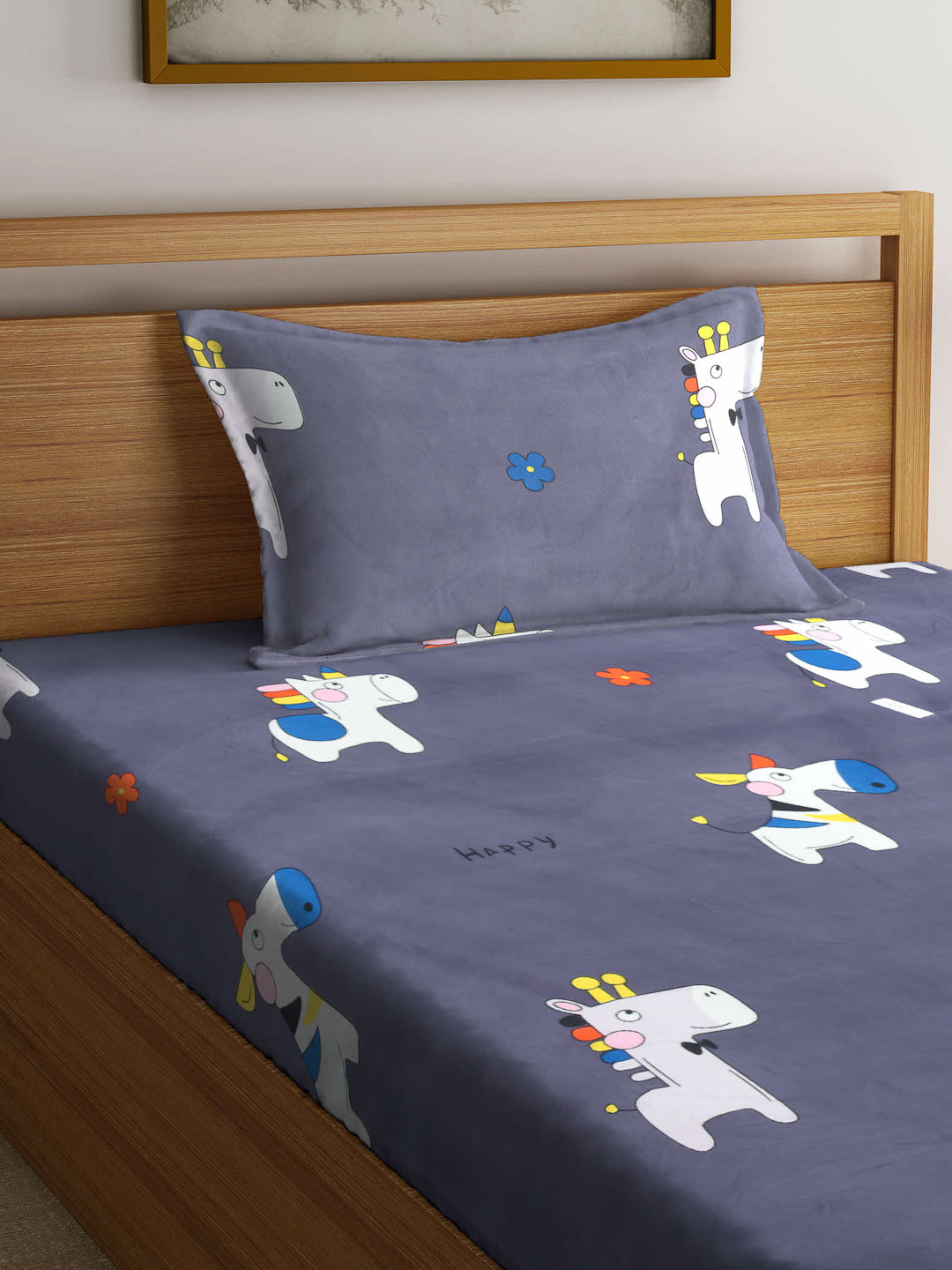 Arrabi Grey Cartoon TC Cotton Blend Single Size Bedsheet with 1 Pillow Cover (215 x 150 cm)