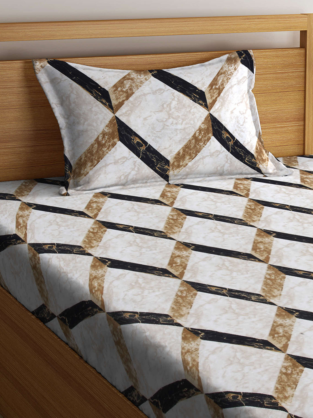 Arrabi Brown Geometric TC Cotton Blend Single Size Fitted Bedsheet with 1 Pillow Cover (220 X 150 cm)