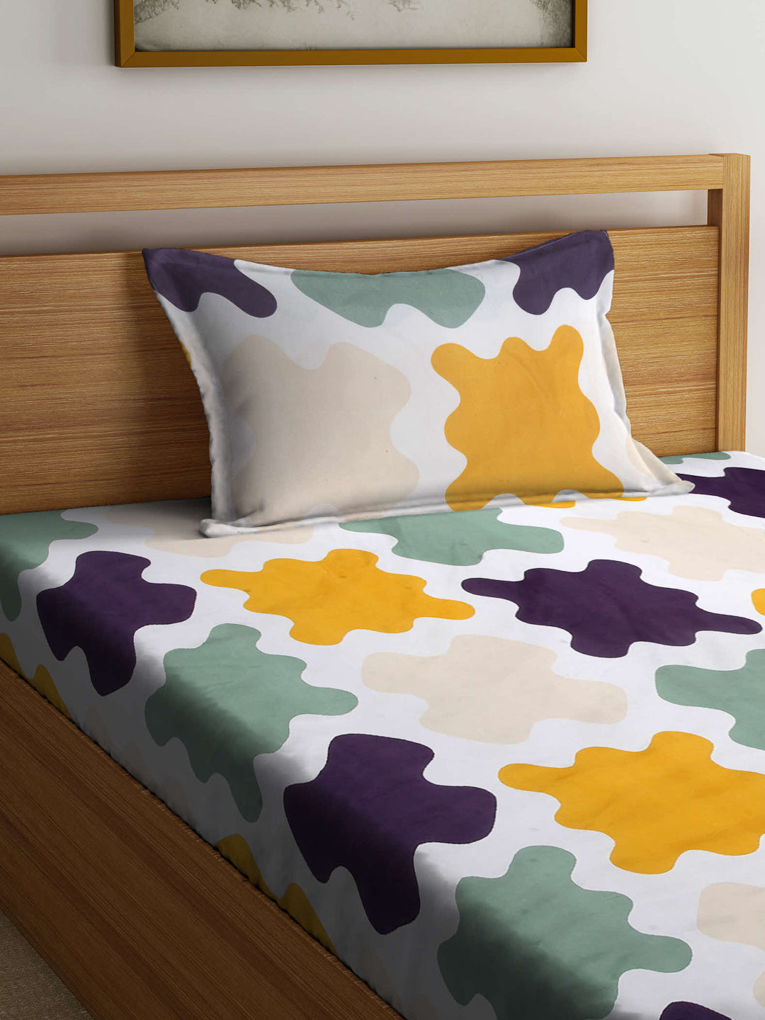Arrabi Multi Abstract TC Cotton Blend Single Size Bedsheet with 1 Pillow Cover (215 x 150 cm)